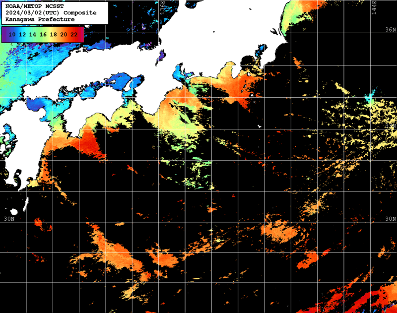 NOAA、MetOp 人工衛星画像 検索結果, 水温分布を図示