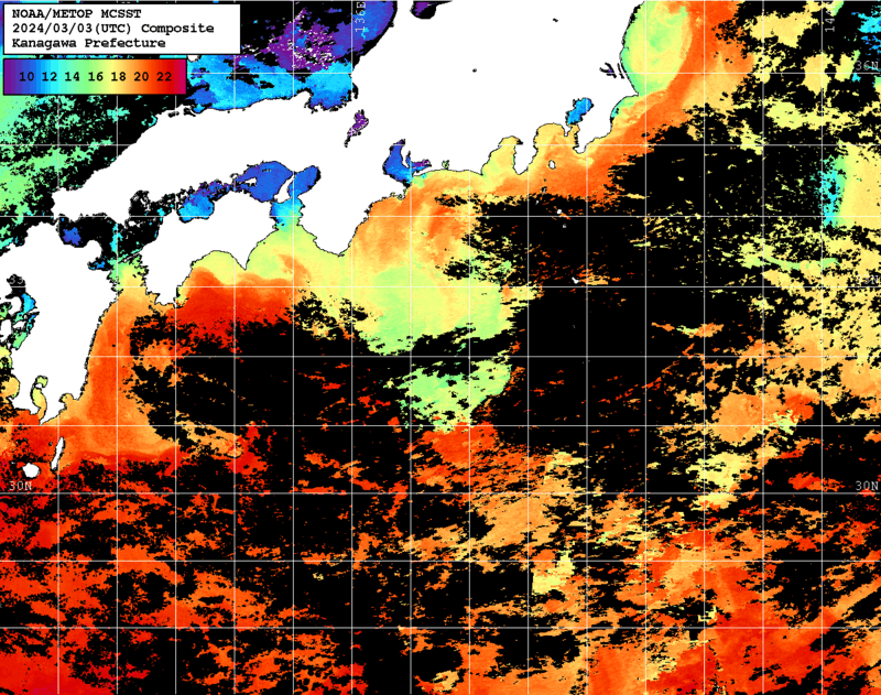 NOAA、MetOp 人工衛星画像 検索結果, 水温分布を図示