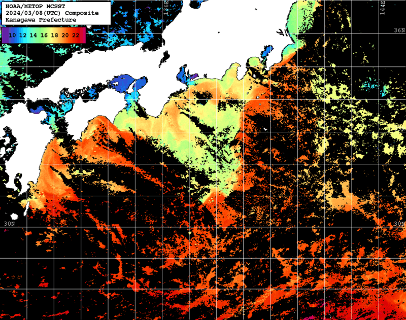 NOAA、MetOp 人工衛星画像 検索結果, 水温分布を図示