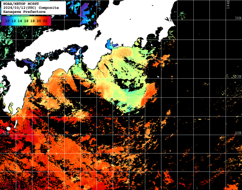 NOAA、MetOp 人工衛星画像 検索結果, 水温分布を図示