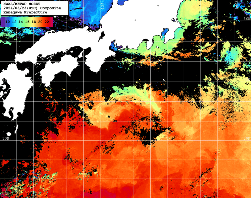 NOAA、MetOp 人工衛星画像 検索結果, 水温分布を図示
