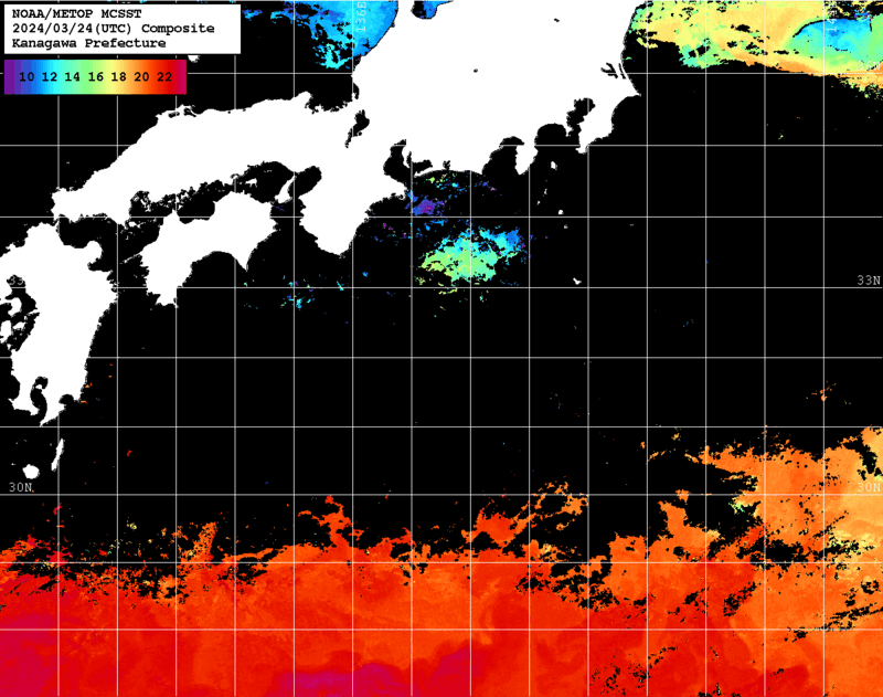 NOAA、MetOp 人工衛星画像 検索結果, 水温分布を図示