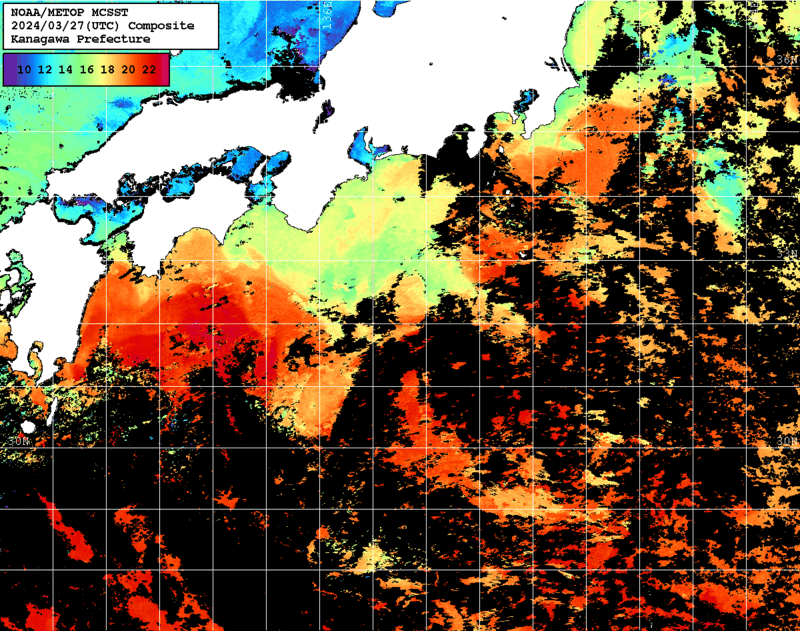 NOAA、MetOp 人工衛星画像 検索結果, 水温分布を図示
