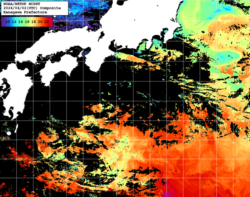 NOAA、MetOp 人工衛星画像 検索結果, 水温分布を図示