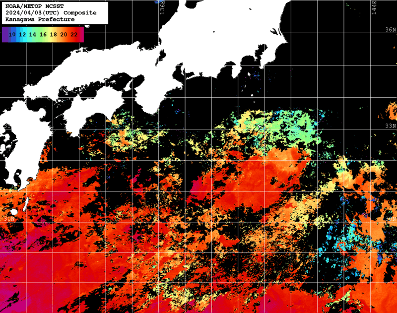 NOAA、MetOp 人工衛星画像 検索結果, 水温分布を図示