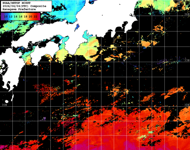 NOAA、MetOp 人工衛星画像 検索結果, 水温分布を図示
