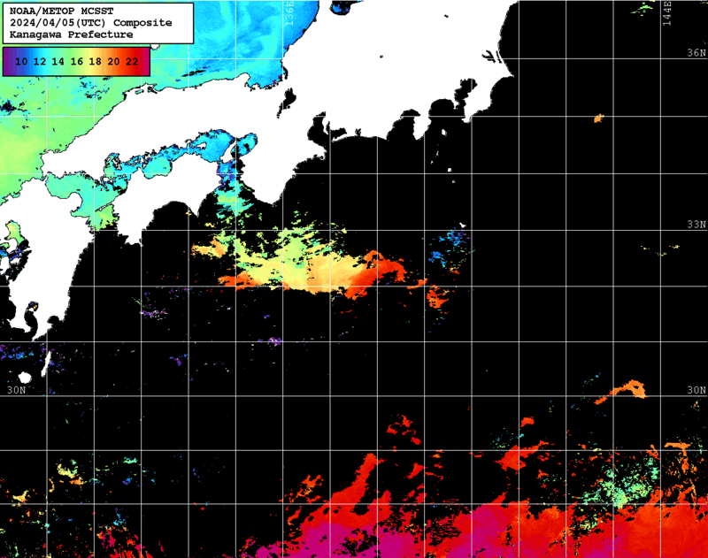 NOAA、MetOp 人工衛星画像 検索結果, 水温分布を図示