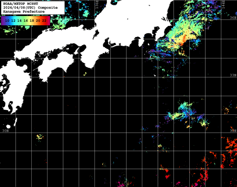 NOAA、MetOp 人工衛星画像 検索結果, 水温分布を図示