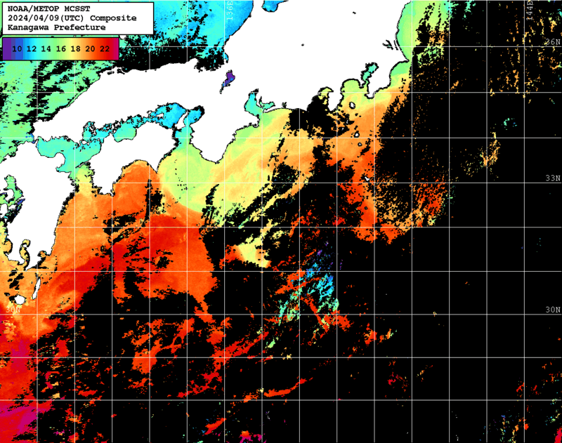 NOAA、MetOp 人工衛星画像 検索結果, 水温分布を図示