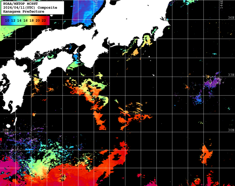 NOAA、MetOp 人工衛星画像 検索結果, 水温分布を図示