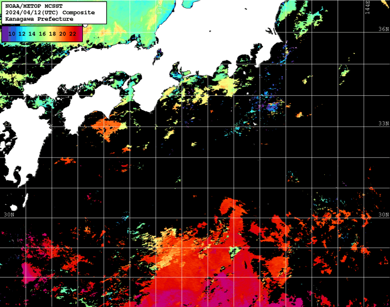 NOAA、MetOp 人工衛星画像 検索結果, 水温分布を図示