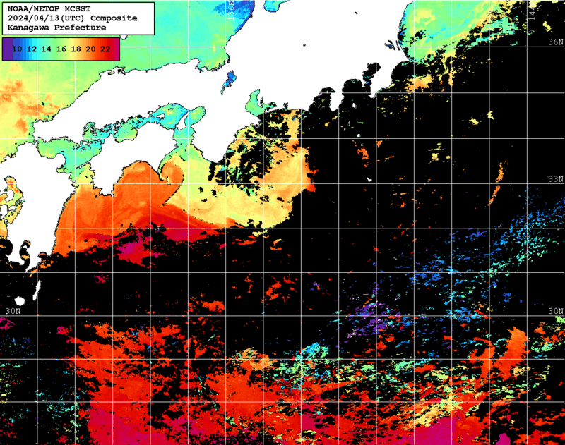 NOAA、MetOp 人工衛星画像 検索結果, 水温分布を図示