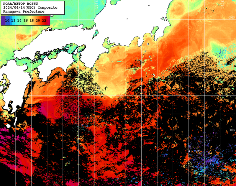 NOAA、MetOp 人工衛星画像 検索結果, 水温分布を図示