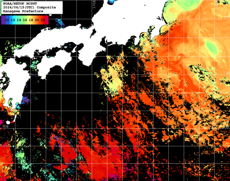 NOAA、MetOp 人工衛星画像 検索結果, 水温分布を図示