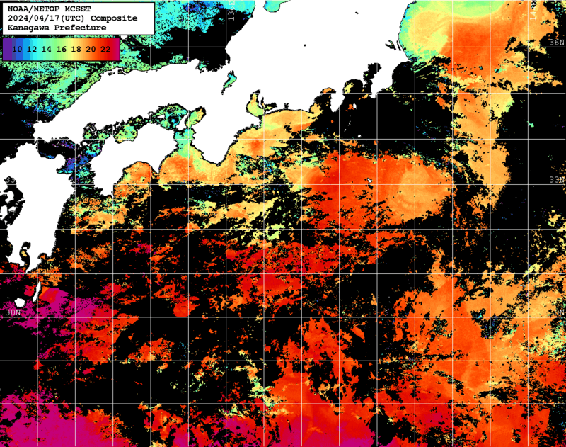 NOAA、MetOp 人工衛星画像 検索結果, 水温分布を図示