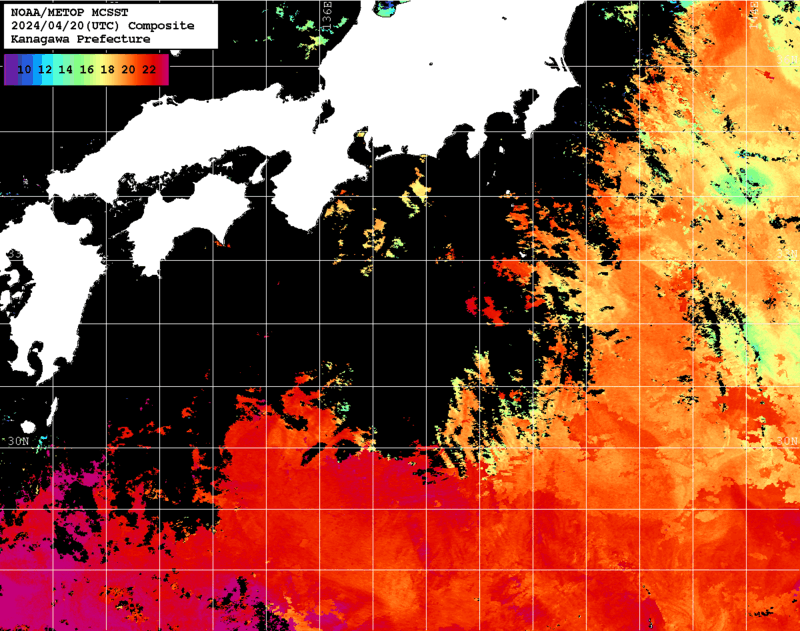NOAA、MetOp 人工衛星画像 検索結果, 水温分布を図示