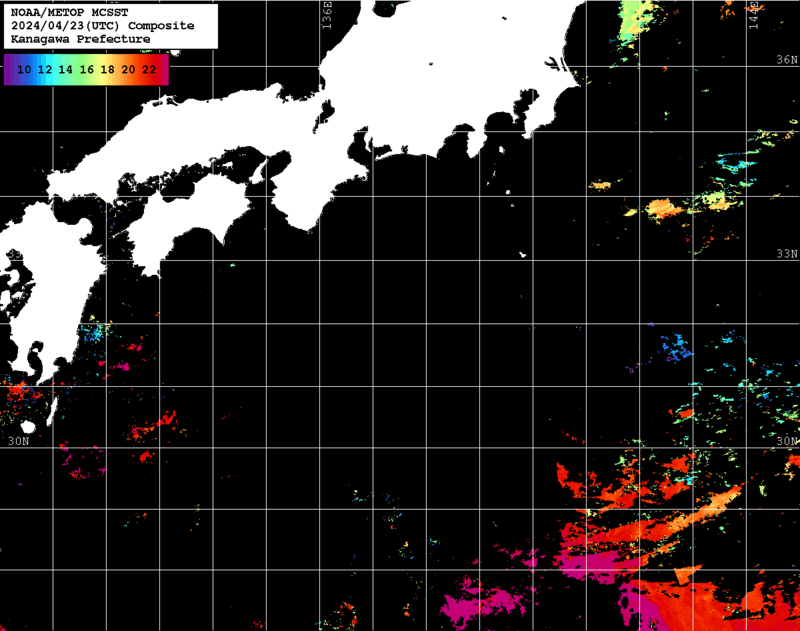 NOAA、MetOp 人工衛星画像 検索結果, 水温分布を図示