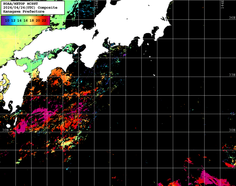 NOAA、MetOp 人工衛星画像 検索結果, 水温分布を図示