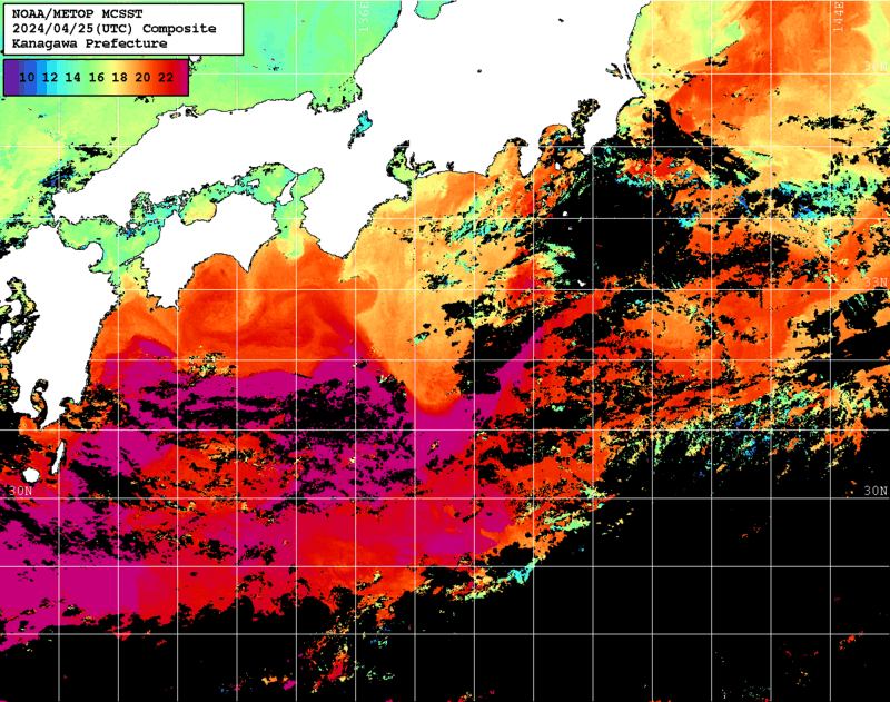 NOAA、MetOp 人工衛星画像 検索結果, 水温分布を図示