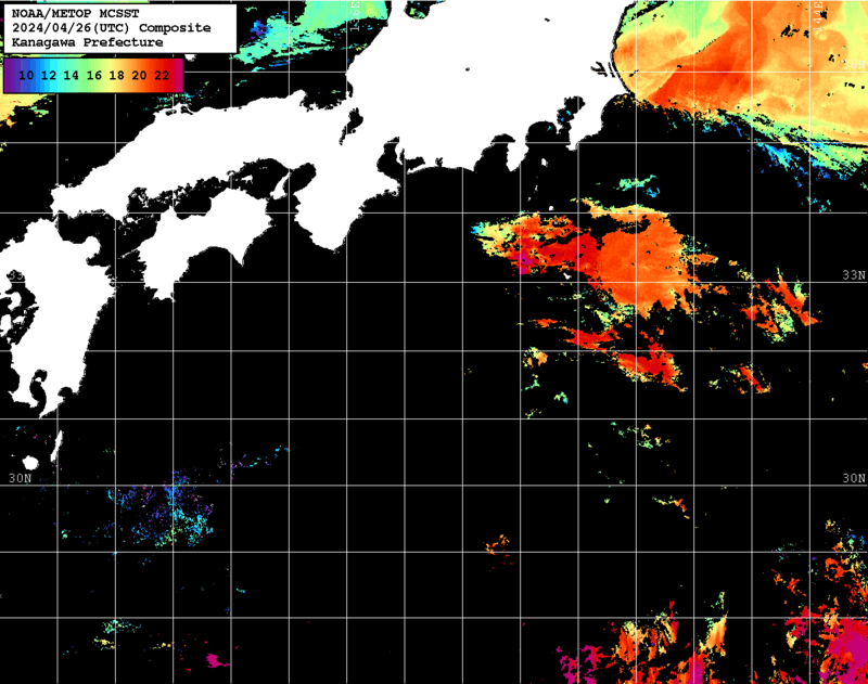 NOAA、MetOp 人工衛星画像 検索結果, 水温分布を図示