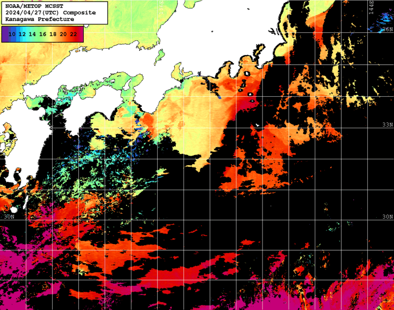 NOAA、MetOp 人工衛星画像 検索結果, 水温分布を図示