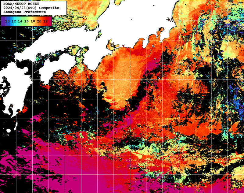 NOAA、MetOp 人工衛星画像 検索結果, 水温分布を図示