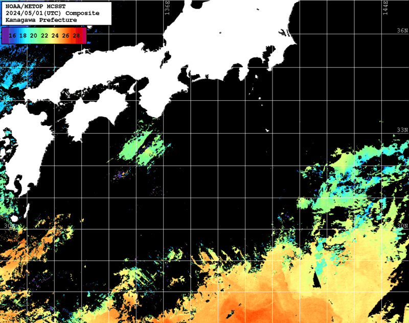 NOAA、MetOp 人工衛星画像 検索結果, 水温分布を図示