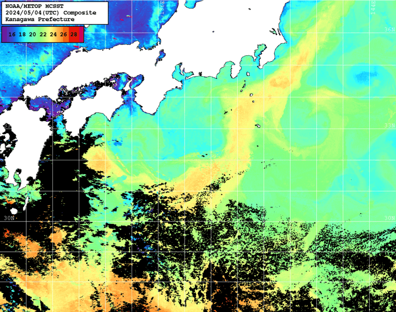 NOAA、MetOp 人工衛星画像 検索結果, 水温分布を図示