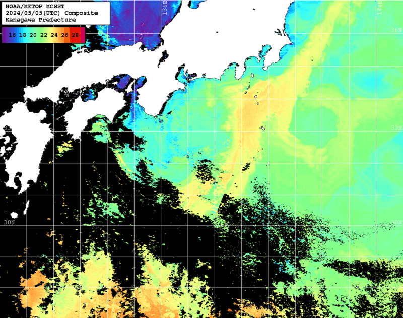 NOAA、MetOp 人工衛星画像 検索結果, 水温分布を図示