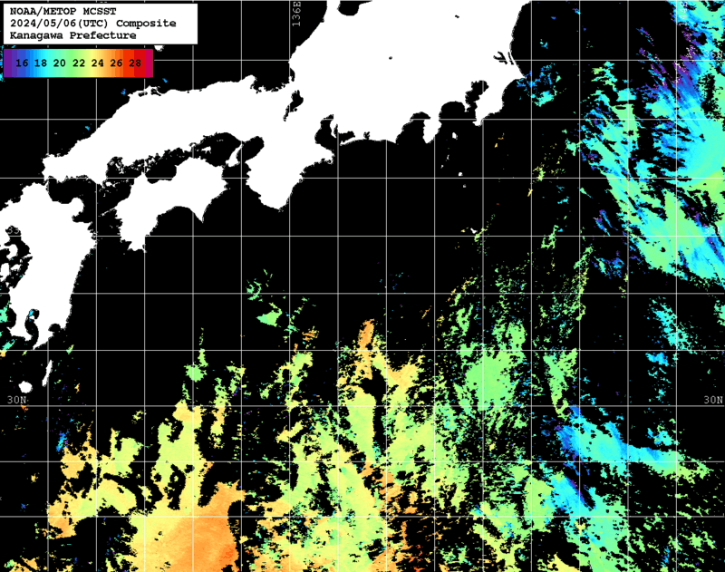 NOAA、MetOp 人工衛星画像 検索結果, 水温分布を図示