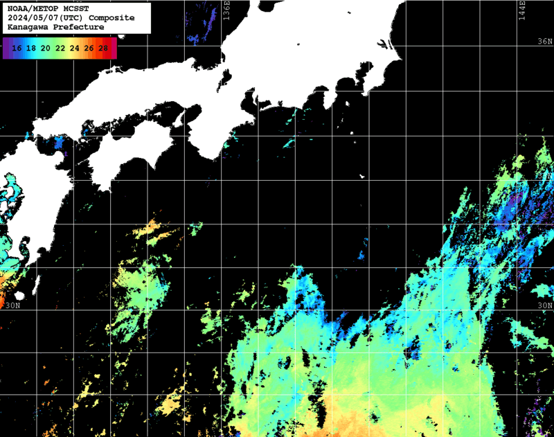NOAA、MetOp 人工衛星画像 検索結果, 水温分布を図示