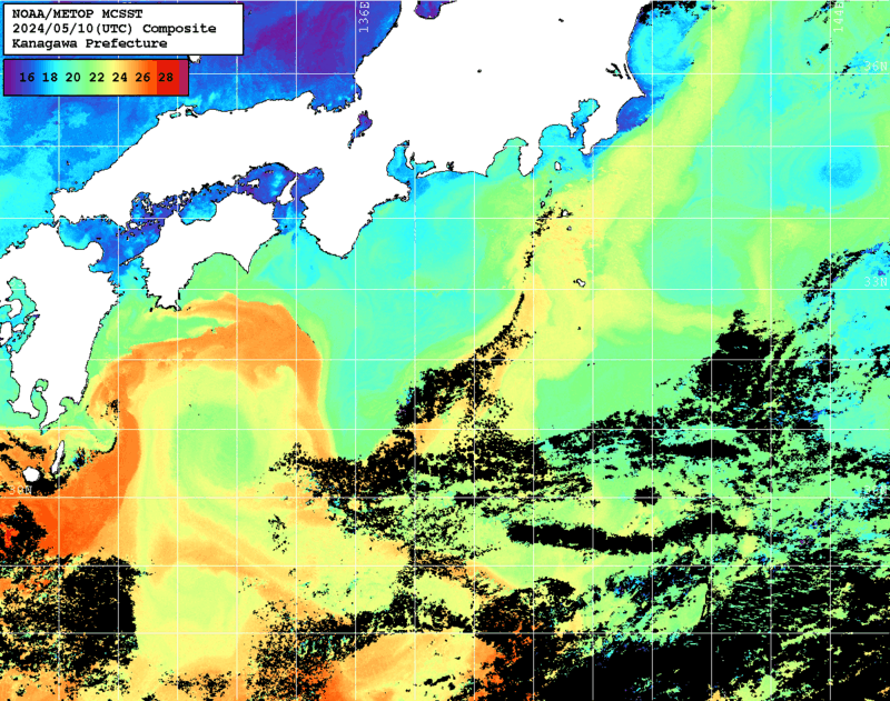NOAA、MetOp 人工衛星画像 検索結果, 水温分布を図示