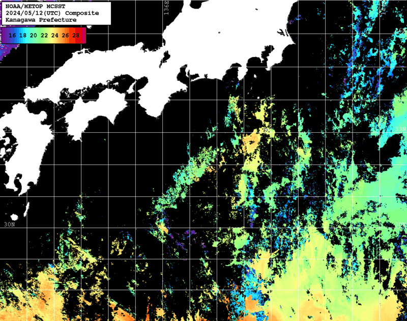 NOAA、MetOp 人工衛星画像 検索結果, 水温分布を図示