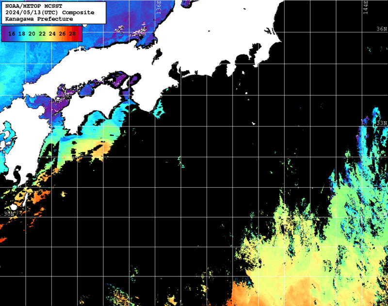 NOAA、MetOp 人工衛星画像 検索結果, 水温分布を図示