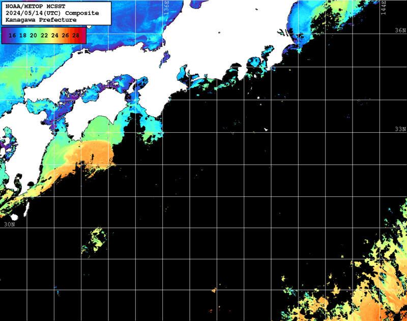 NOAA、MetOp 人工衛星画像 検索結果, 水温分布を図示