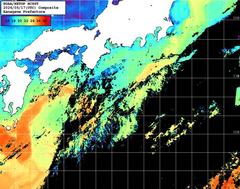 NOAA、MetOp 人工衛星画像 検索結果, 水温分布を図示