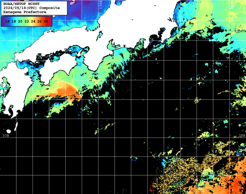 NOAA、MetOp 人工衛星画像 検索結果, 水温分布を図示