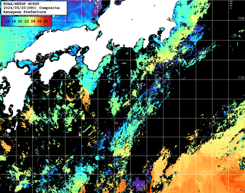 NOAA、MetOp 人工衛星画像 検索結果, 水温分布を図示