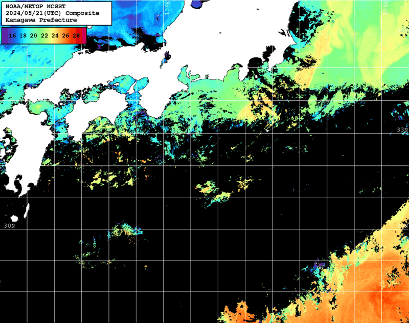 NOAA、MetOp 人工衛星画像 検索結果, 水温分布を図示