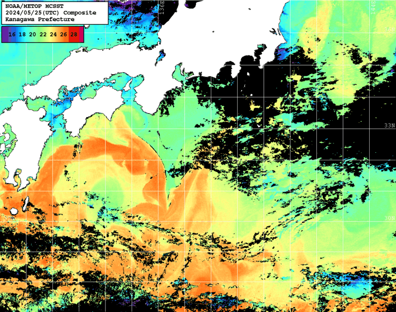 NOAA、MetOp 人工衛星画像 検索結果, 水温分布を図示