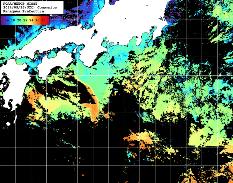NOAA、MetOp 人工衛星画像 検索結果, 水温分布を図示