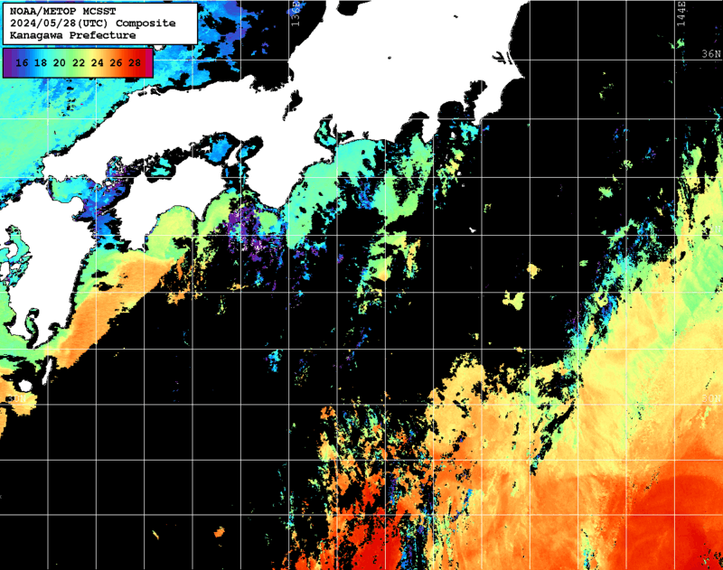 NOAA、MetOp 人工衛星画像 検索結果, 水温分布を図示