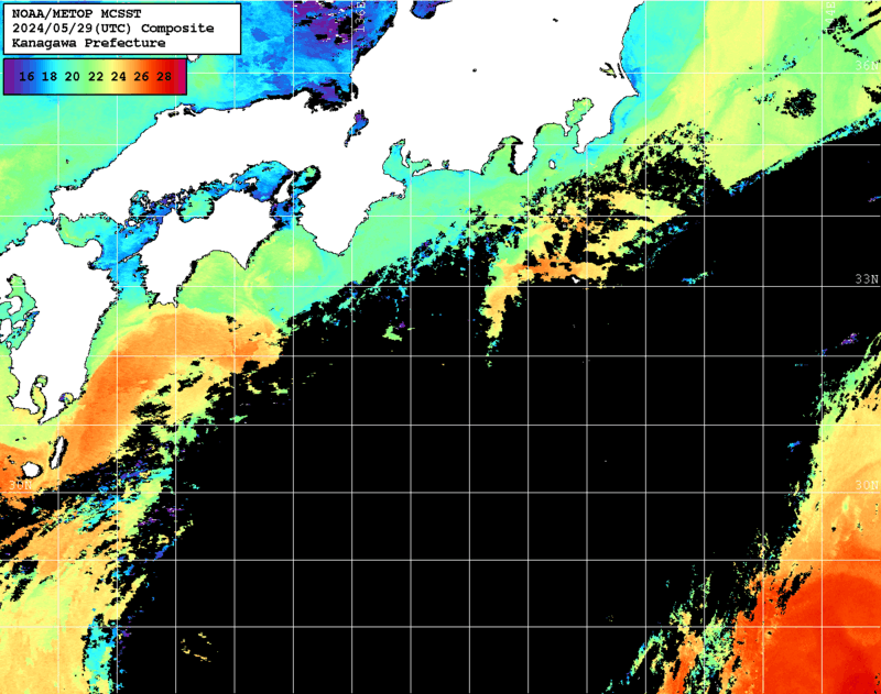 NOAA、MetOp 人工衛星画像 検索結果, 水温分布を図示