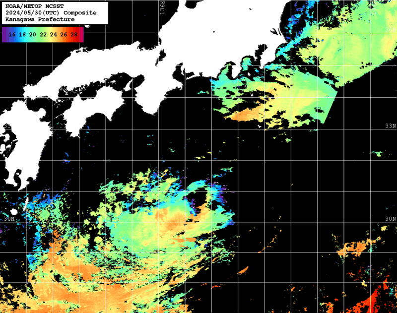 NOAA、MetOp 人工衛星画像 検索結果, 水温分布を図示