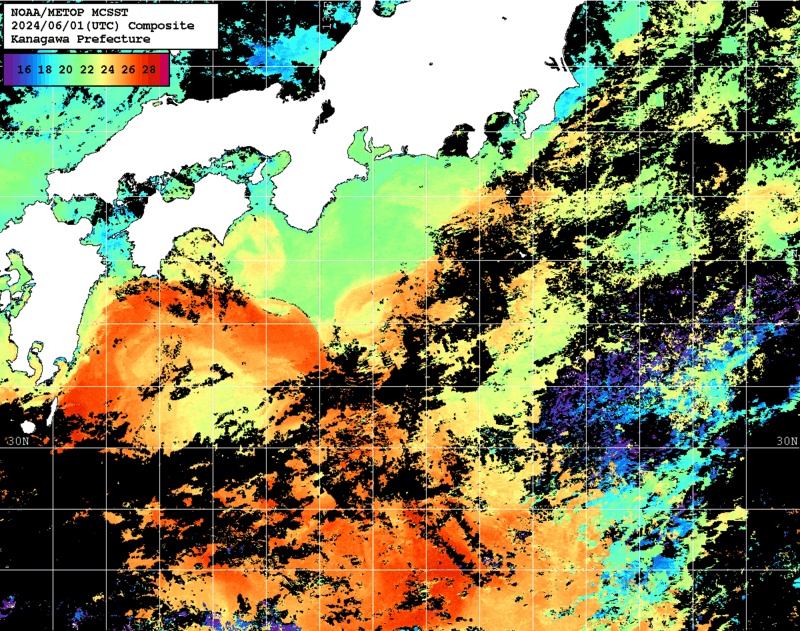 NOAA、MetOp 人工衛星画像 検索結果, 水温分布を図示
