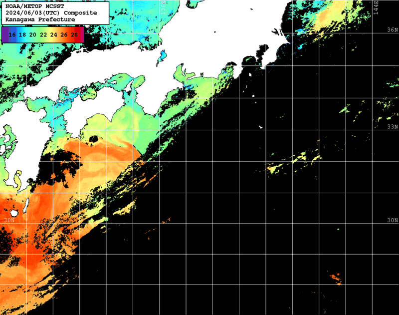 NOAA、MetOp 人工衛星画像 検索結果, 水温分布を図示