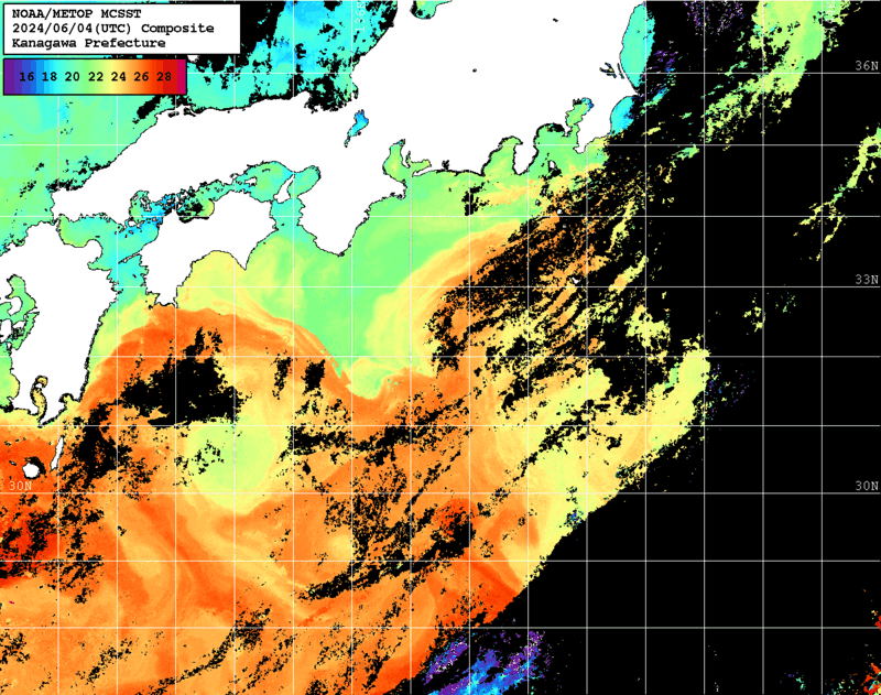 NOAA、MetOp 人工衛星画像 検索結果, 水温分布を図示
