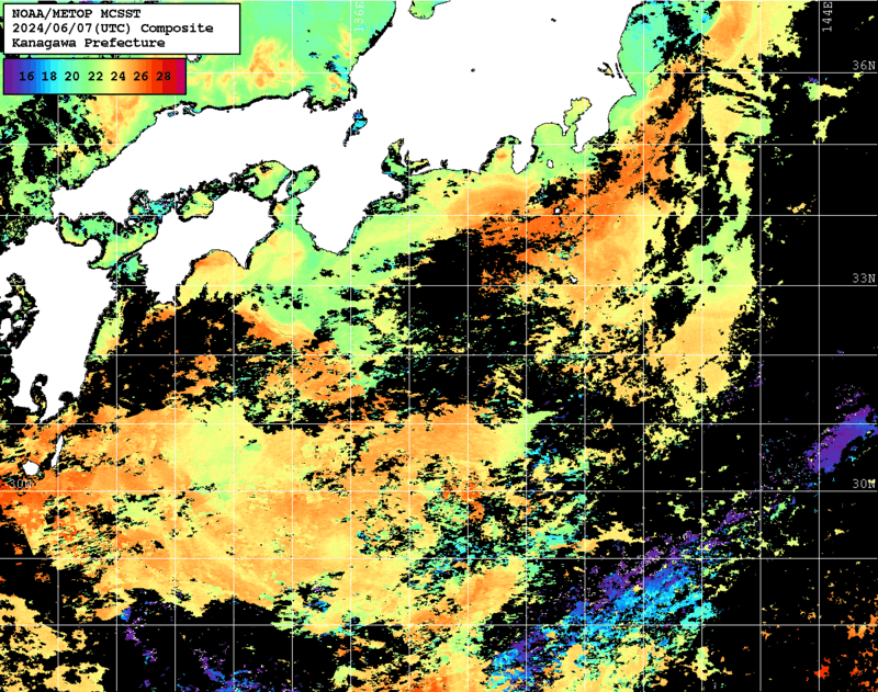 NOAA、MetOp 人工衛星画像 検索結果, 水温分布を図示