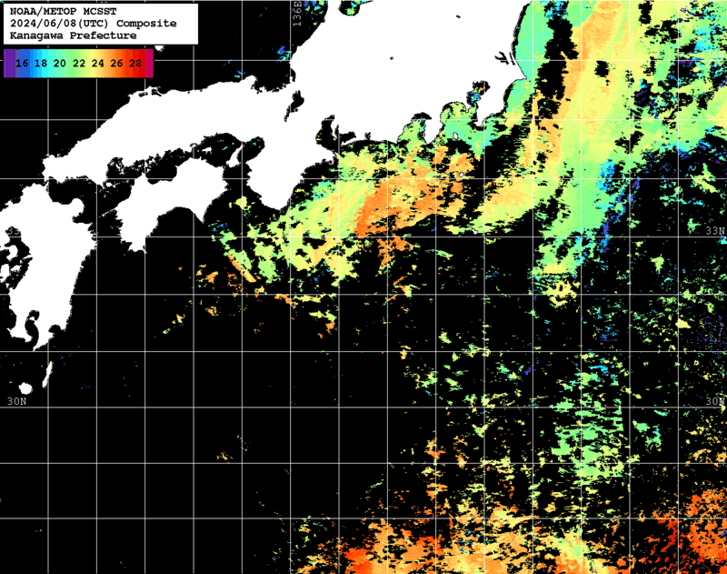 NOAA、MetOp 人工衛星画像 検索結果, 水温分布を図示