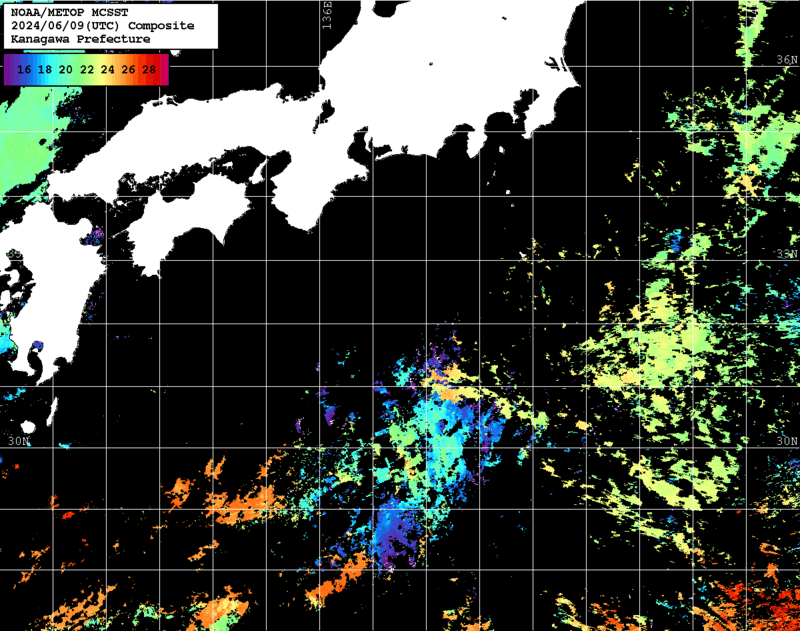 NOAA、MetOp 人工衛星画像 検索結果, 水温分布を図示